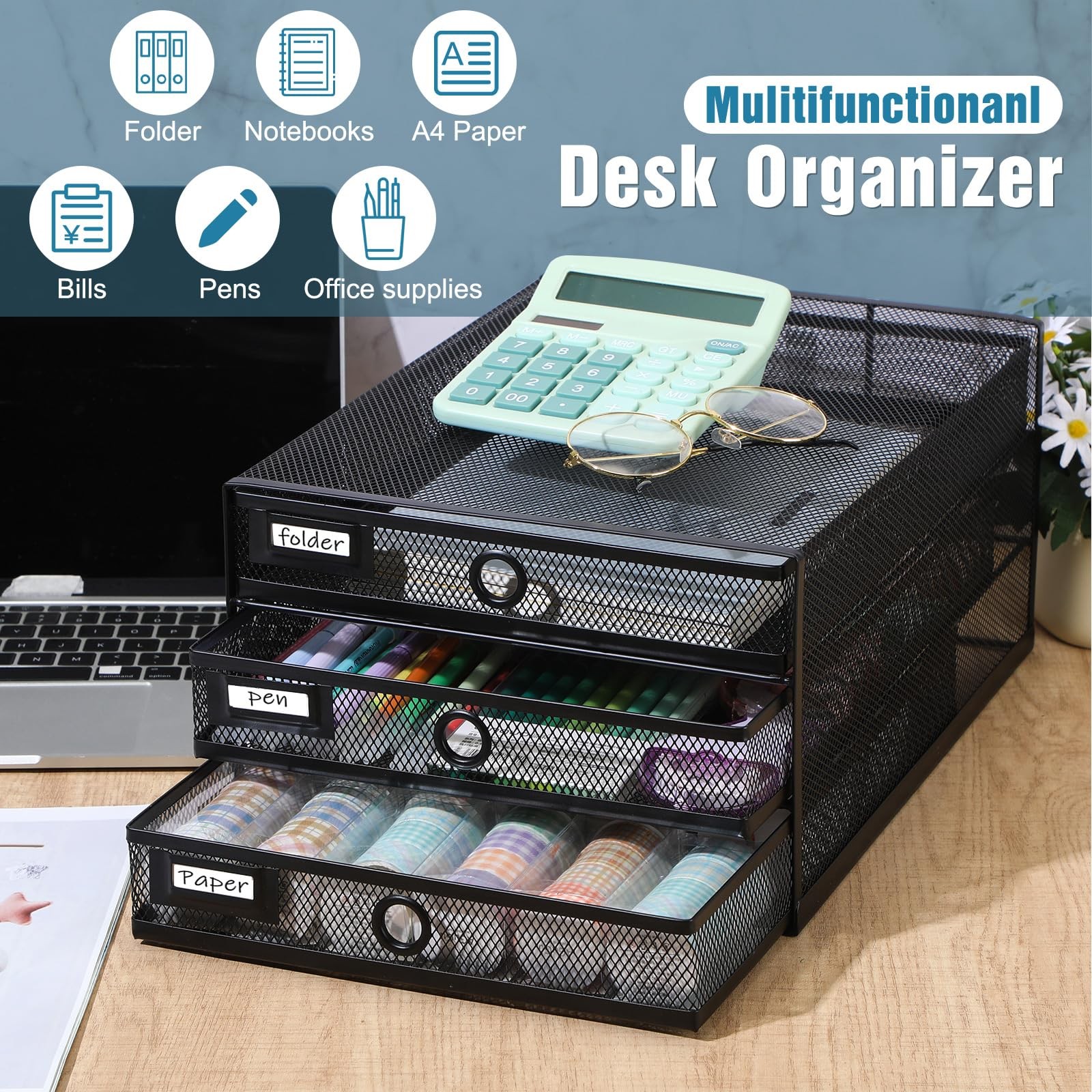 Zhanmai 1 Pack Black Desk Organizer with Drawer Total Wire Mesh 3 Tier,