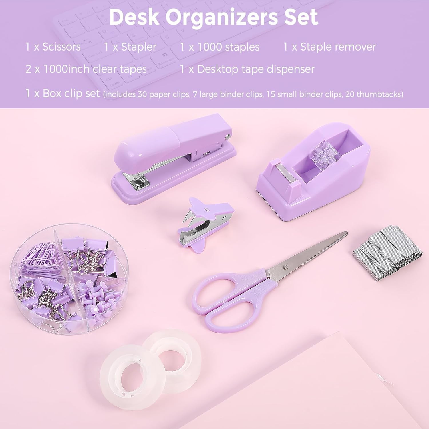 Purple Desk Accessories, Purple Office Supplies Set, Stapler, Tape Dispenser,…