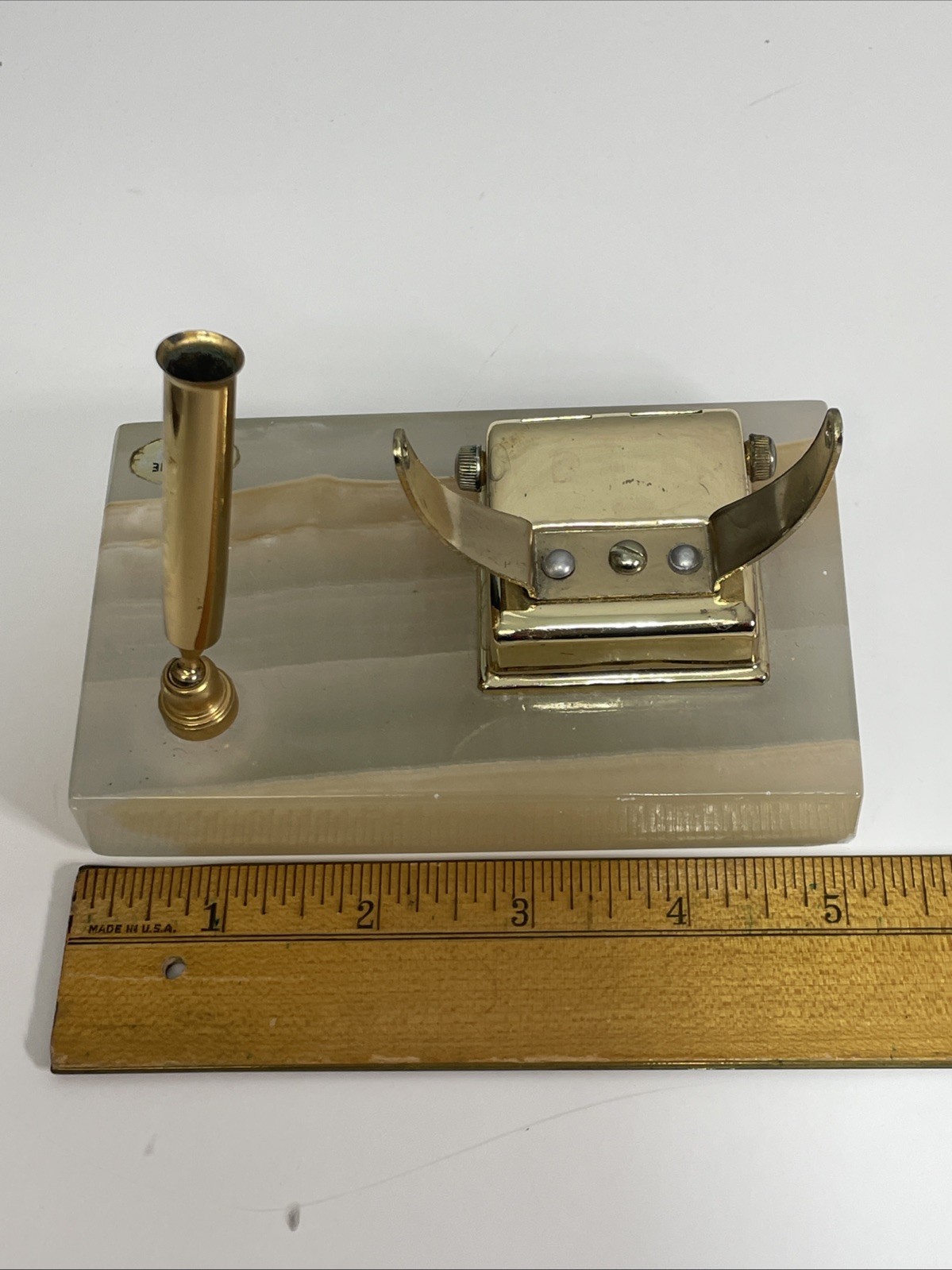 Vintage Genuine Onyx 5” Office Desk Brass Pen Calendar Holder Mid-Century Modern
