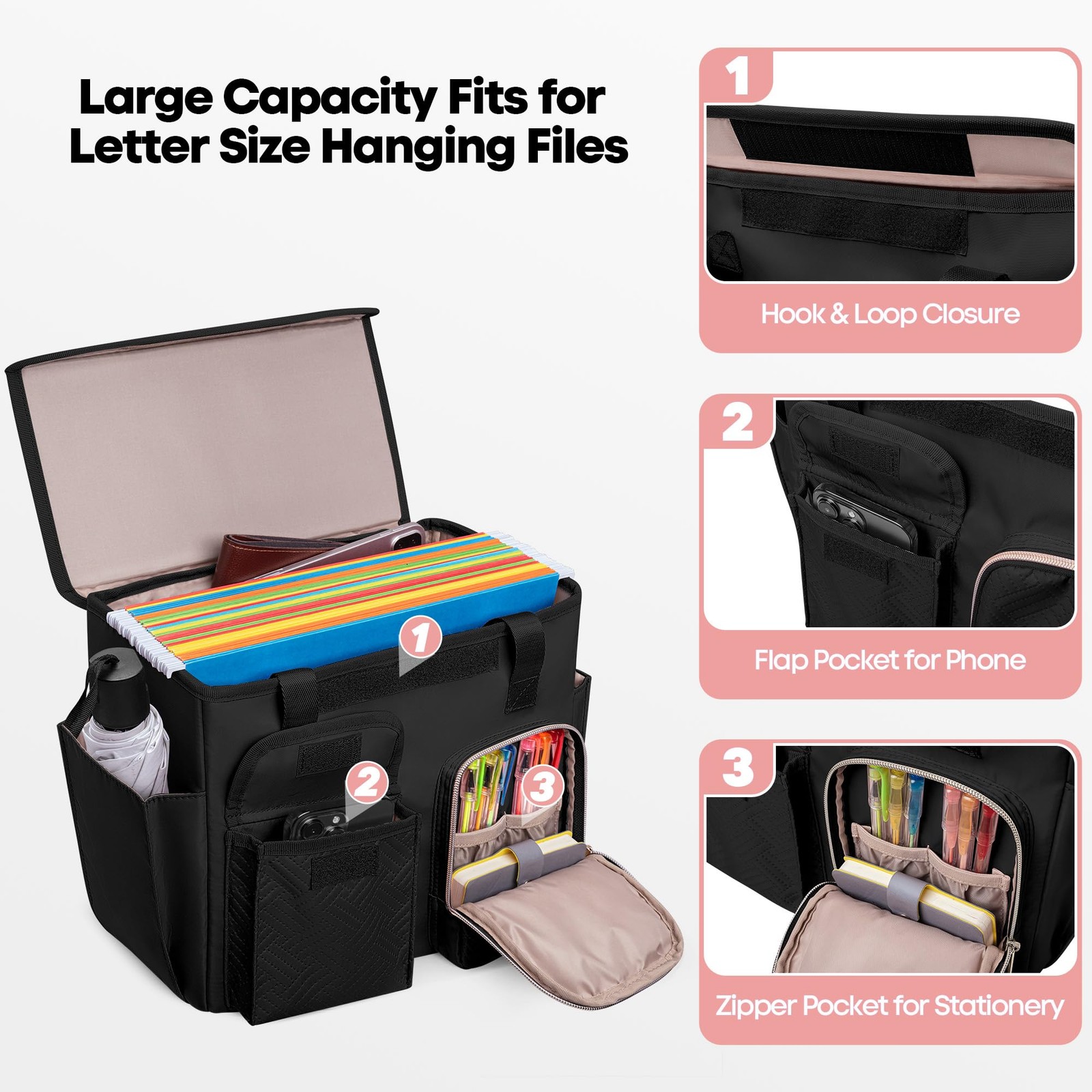 Prokva Hanging File Organizer Box 12 inches x 4.5 x 10 inches, Black