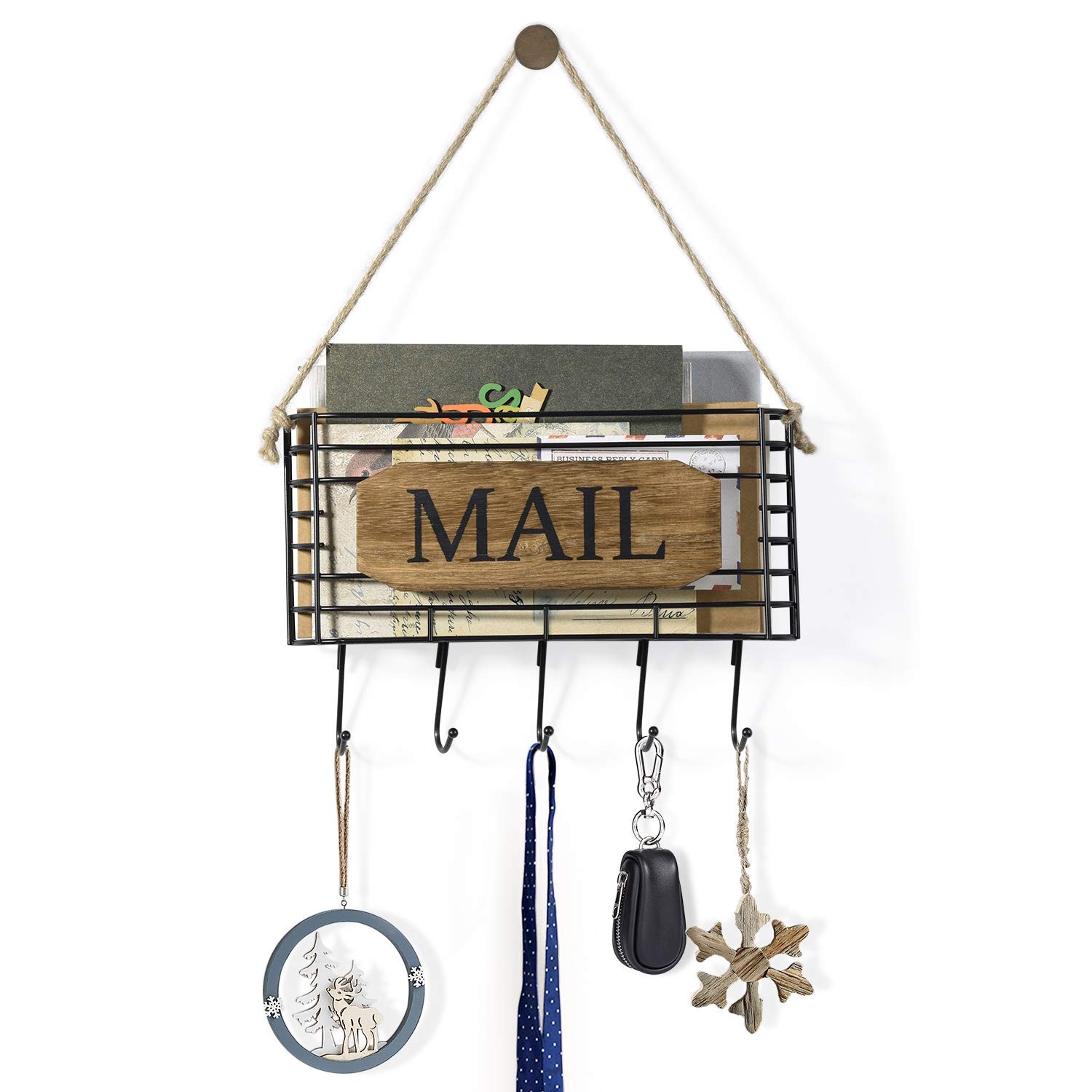 Mail Organizer Wall Mount, Rustic Mail Holder Key Holder for Wall with Hooks, Sm
