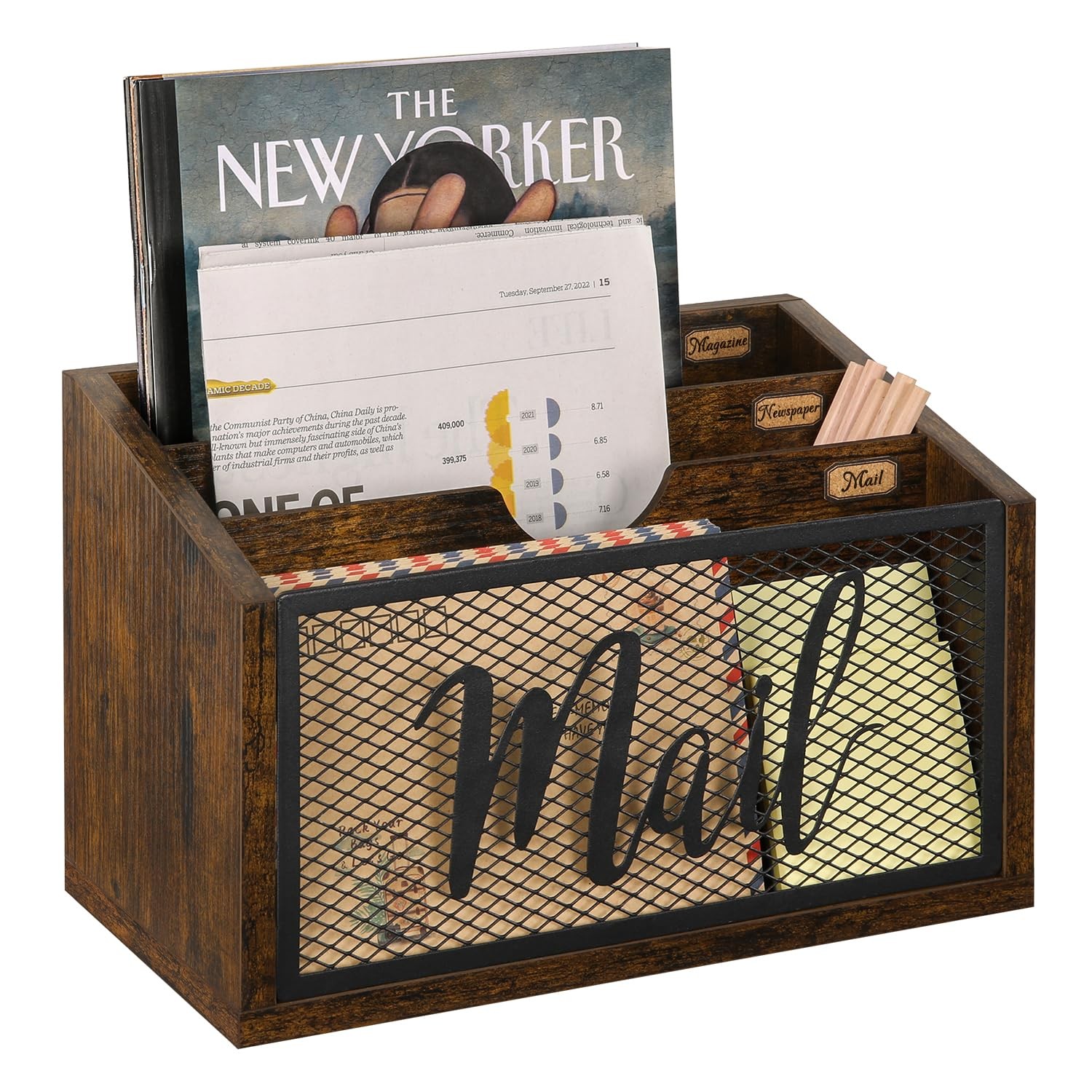 YINMIT Mail Organizer Countertop, Holder, 3-Slot, Rustic Brown