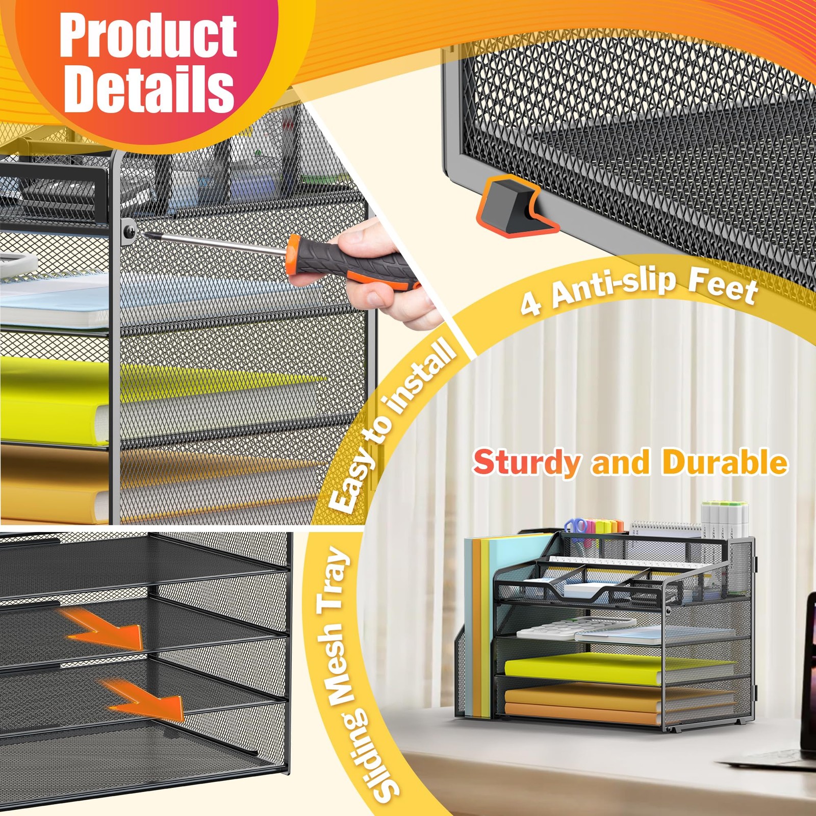 4 Tier Mesh Desk Organizer File Tray Desktop Storage with Pen Holders