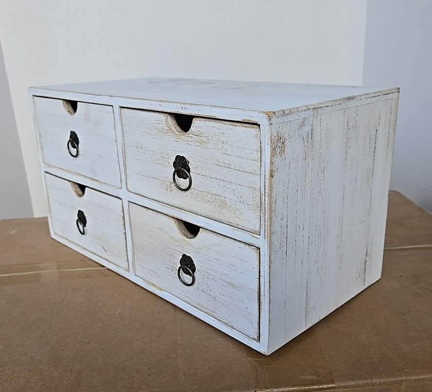 SeekElegant Wooden Desktop Organizer w/ 4 Drawers, White Washed NEW (40B)
