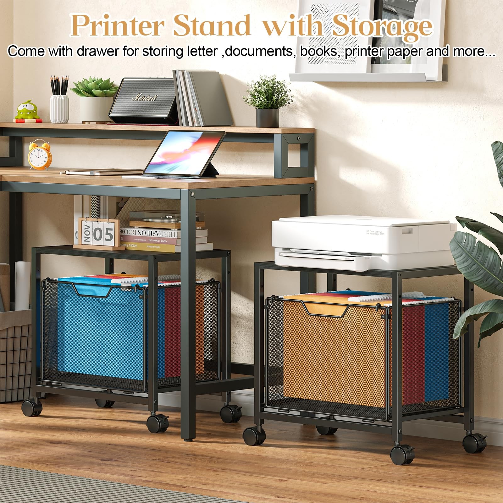 JKsmart Under Desk Storage, Printer Stand with Drawer, Rolling File Black