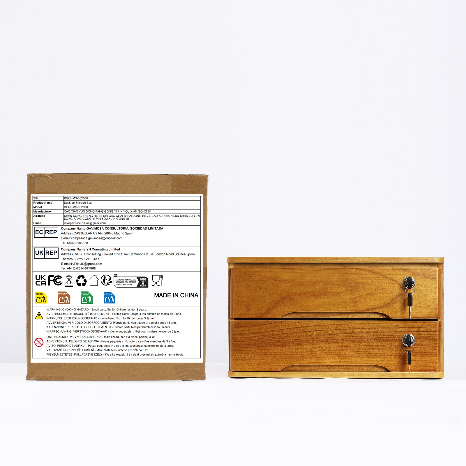 Retro Wooden Desktop Storage Box 2-Tier Desk Organizer w/ Lockable Drawers