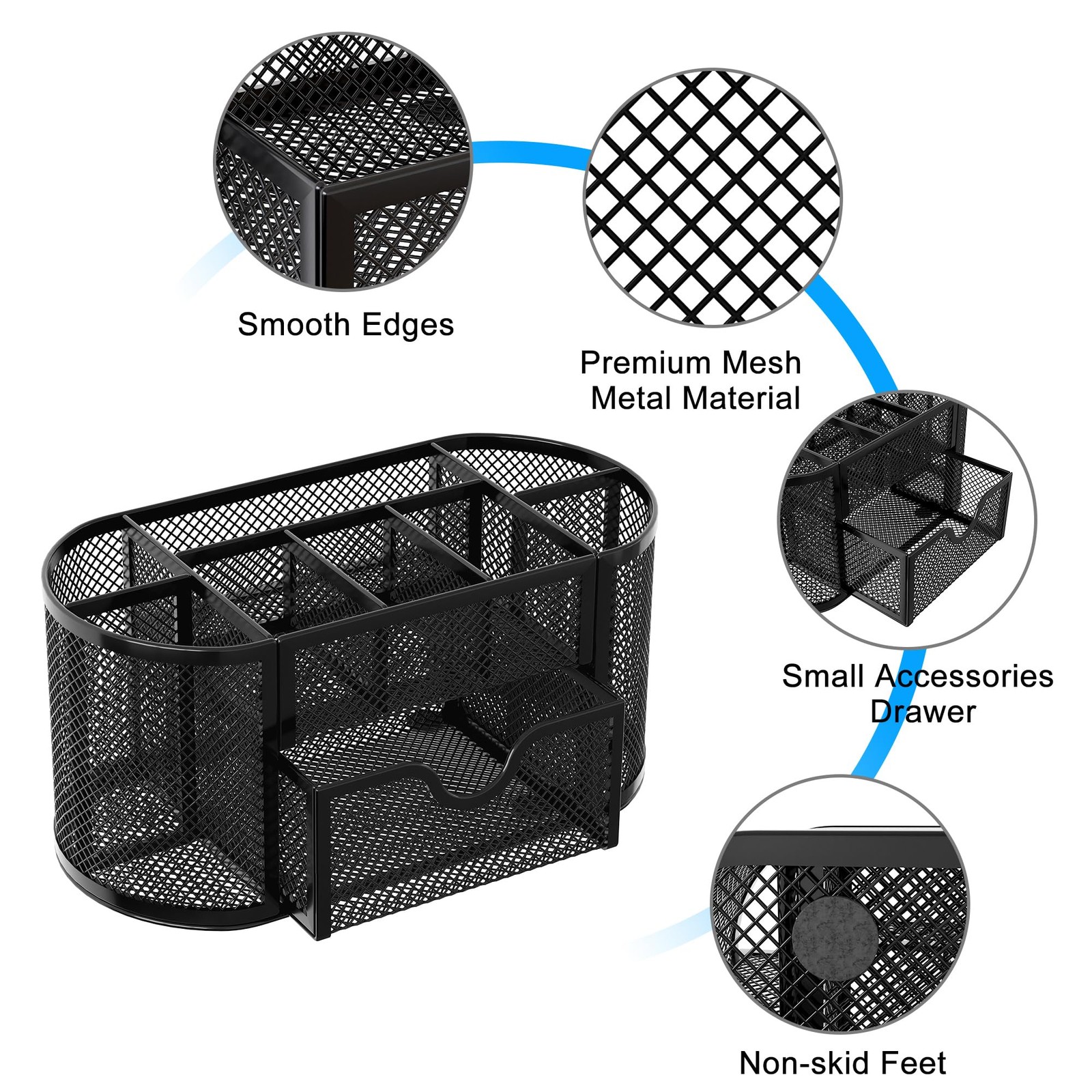 Mesh Pen Holder Desk Organizer Drawer 9 Compartments Office School