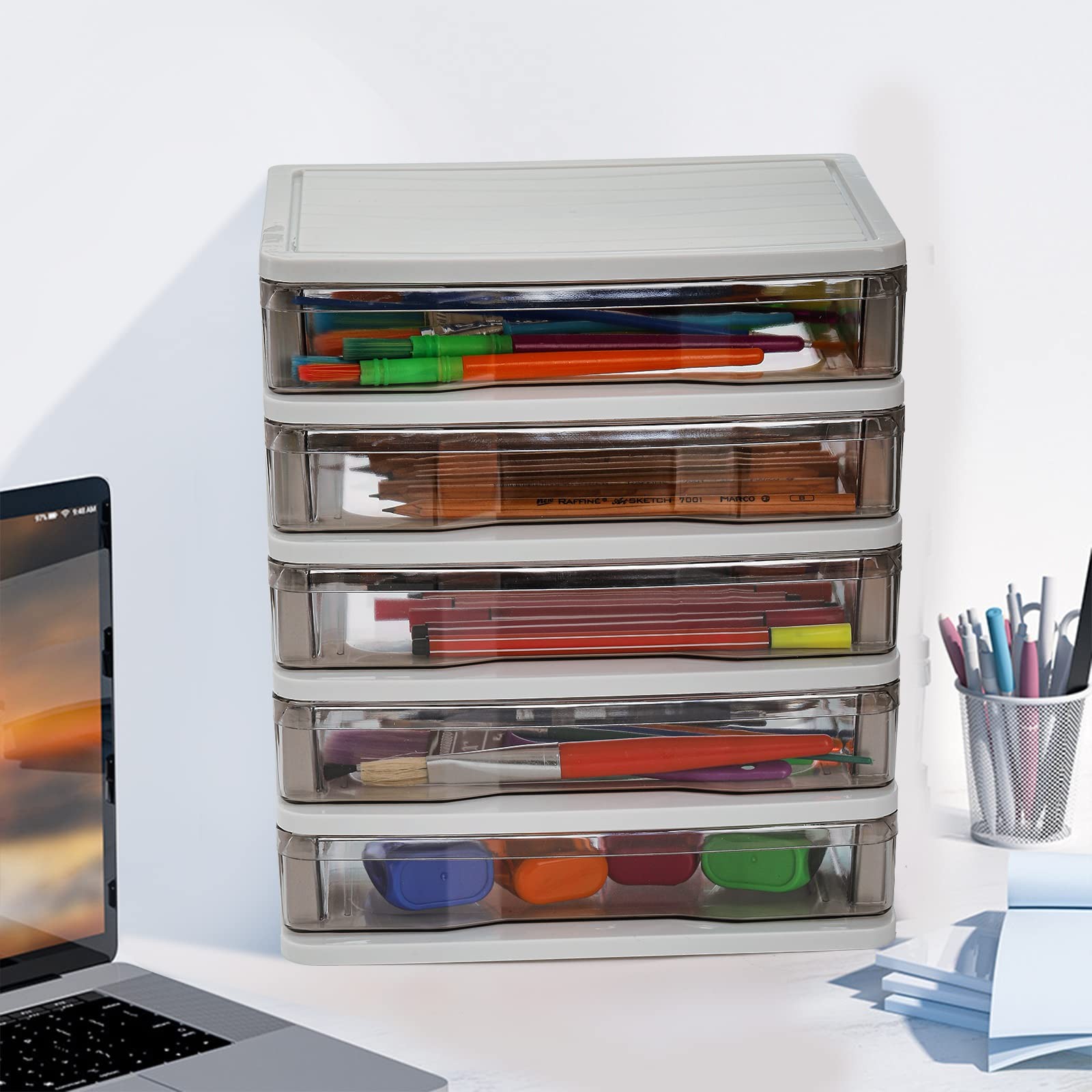 DEAYOU 5 Drawer Desktop approx. 9.3″ L x 7.1″ W x 10.3″ H, White,Clear