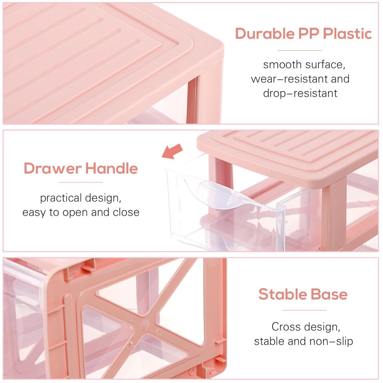DOITOOL Desktop Storage Box Drawer Type Clear Plastic Organizer 3 Tier, Pink