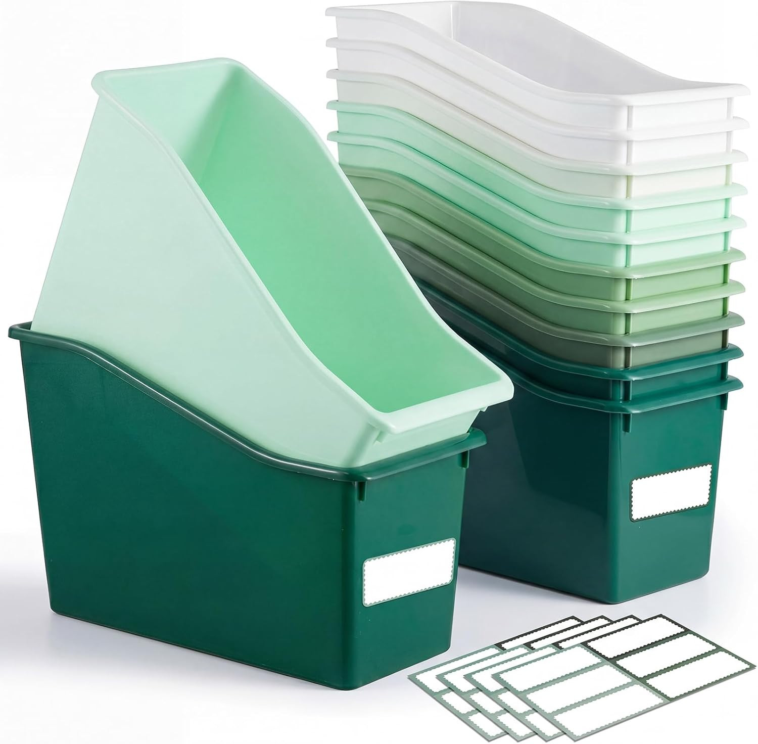 12 Pcs Book Bin for Classroom with Labels Stackable Plastic Organizing Bins 11.5