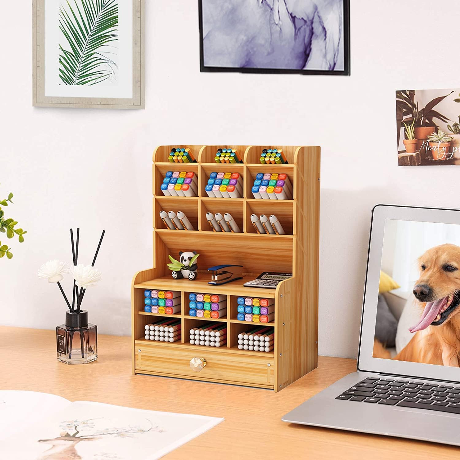 Wooden Desk Stationary Organizer, Multi-Functional Pen Holder, Storage Rack for