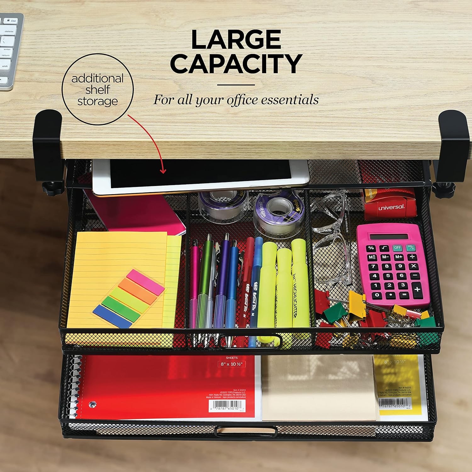 Under Desk Drawer Organizer Clamp-On, Mesh Metal Desk Drawer Attachment, 2 Drawe