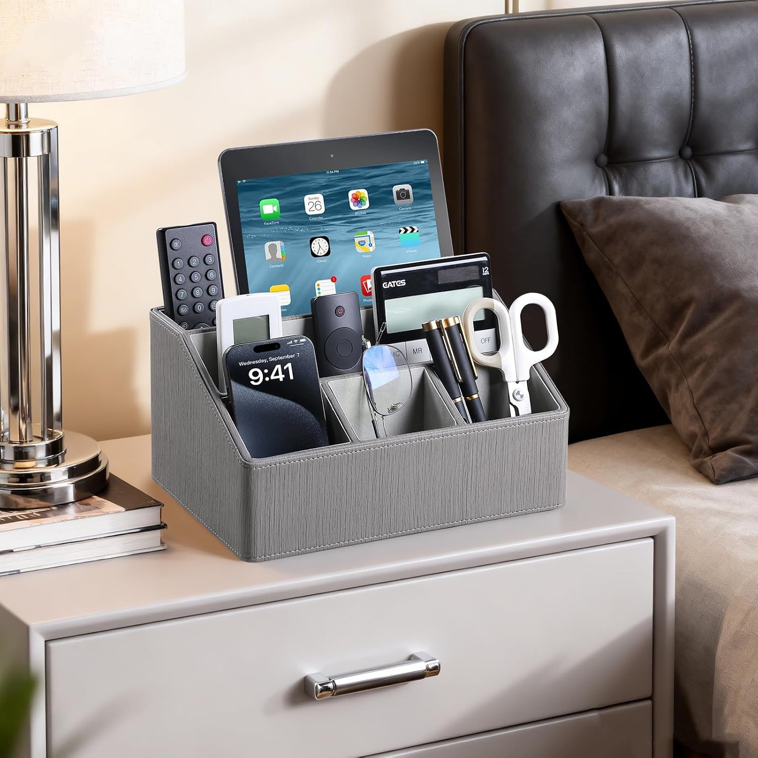 Luxury PU Leather Desk Organizer & Remote Holder – Grey Caddy for Home & Office