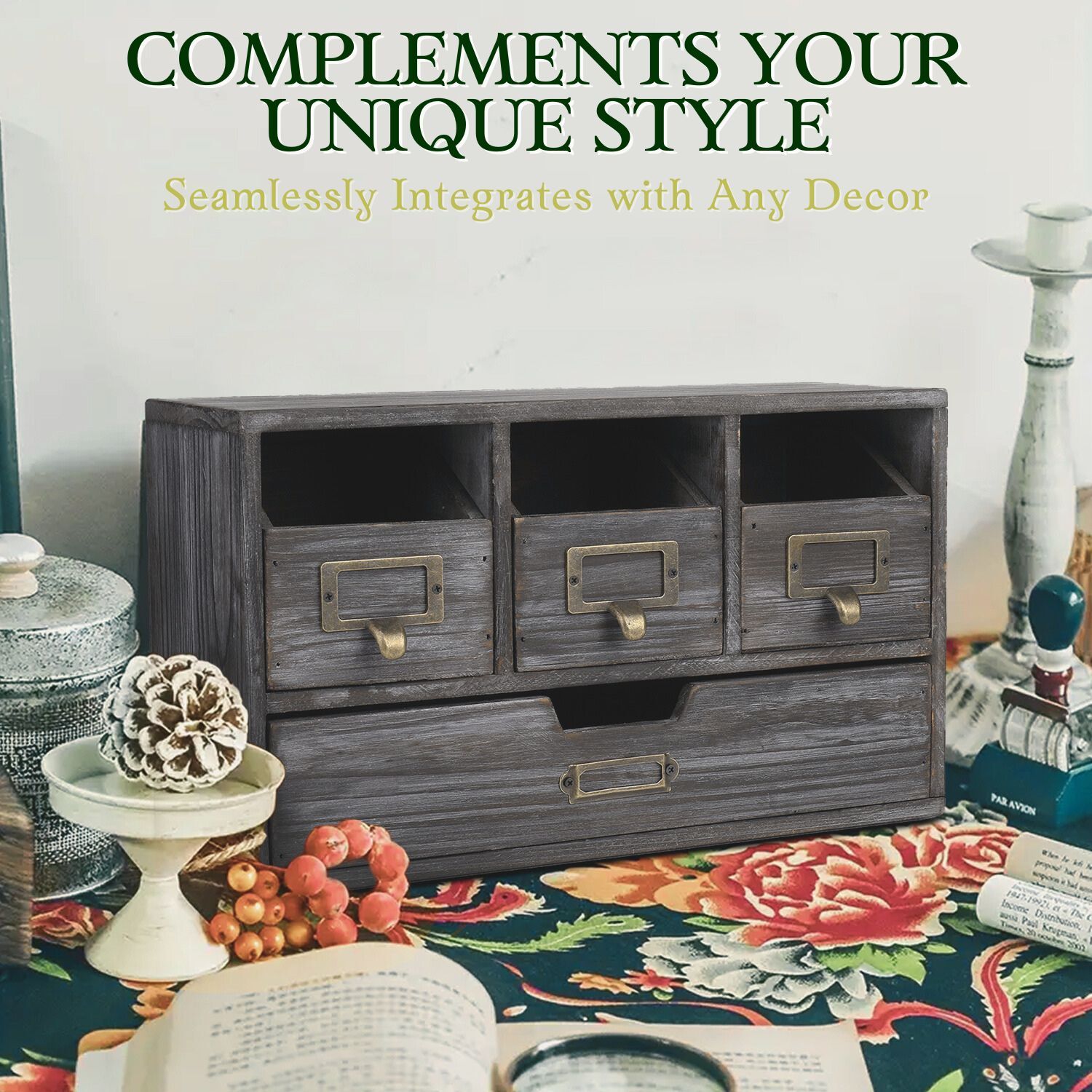 4 Drawer Wooden Desk Organizers – Vintage Rustic Apothecary Wood Desktop Storage