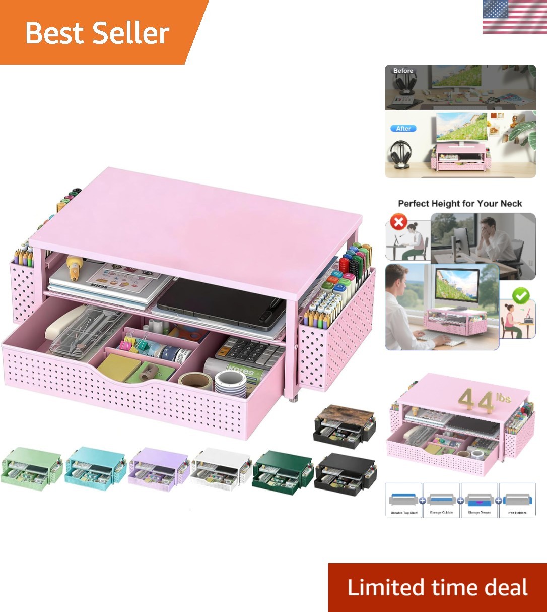 Ergonomic Desk Organizer: Pink Monitor Stand with Space-Saving Drawer & Holders