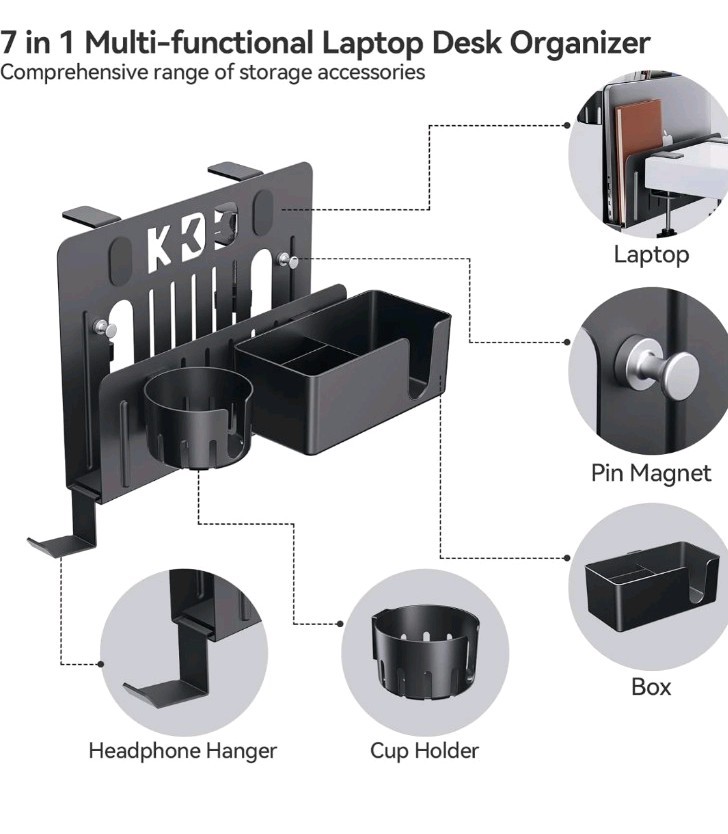 7 in 1 Desk Side Organizer Set, Under Desk Laptop Holder Storage, No Drill