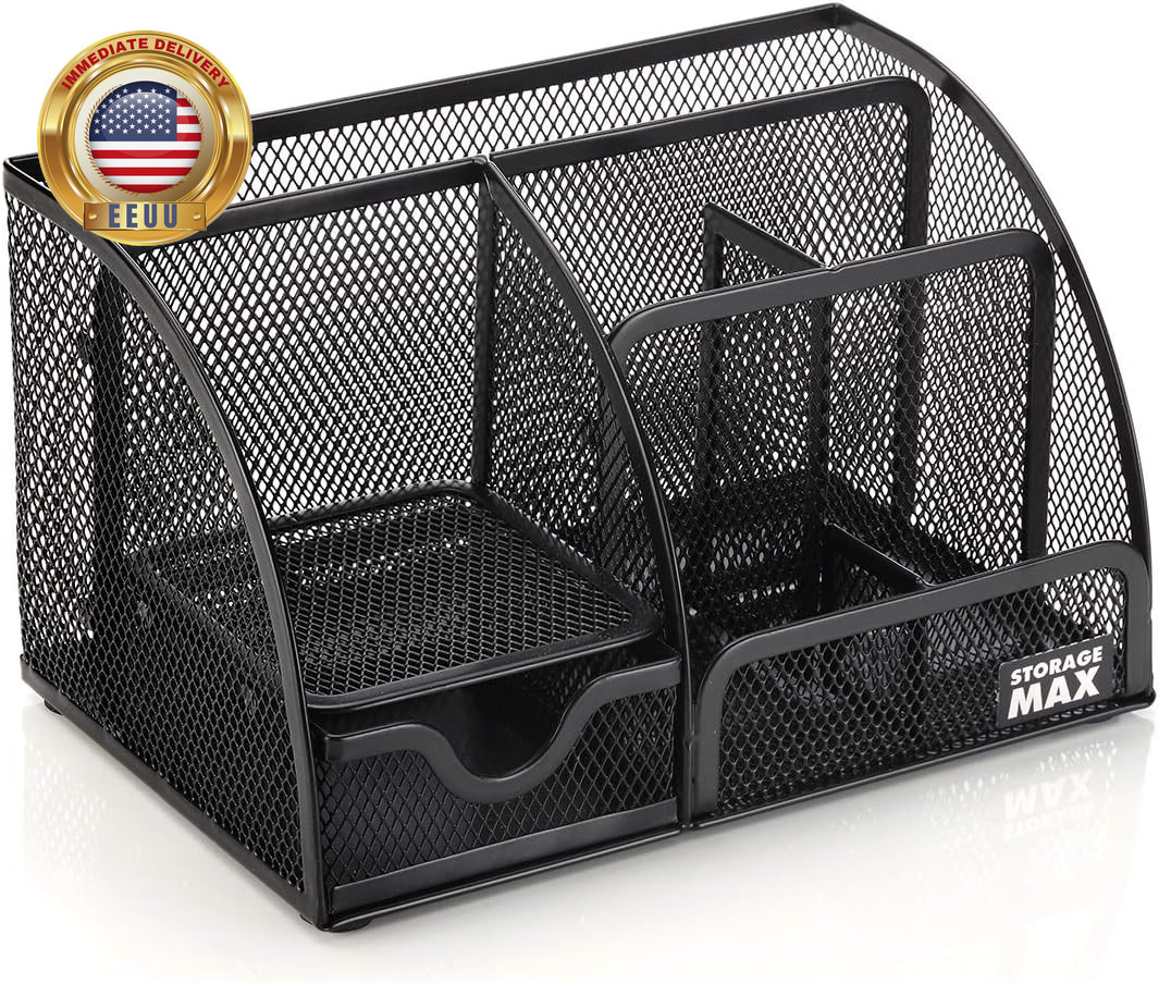 Desk Organizer with Drawer, Desktop Wire Mesh Sorter with 6 Compartments for Pen