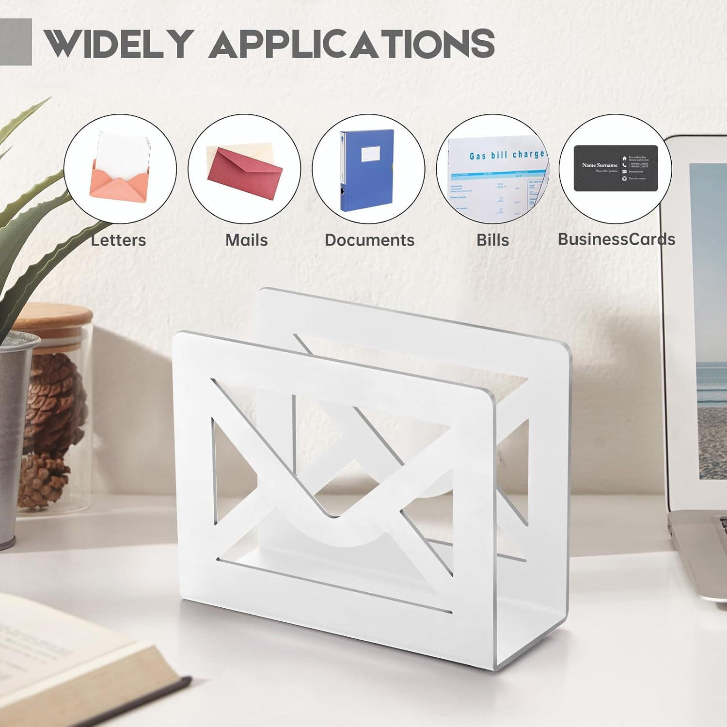 Desktop Metal Mail Holder,Modern Black Letter Organizer for Desk with Cutout Env