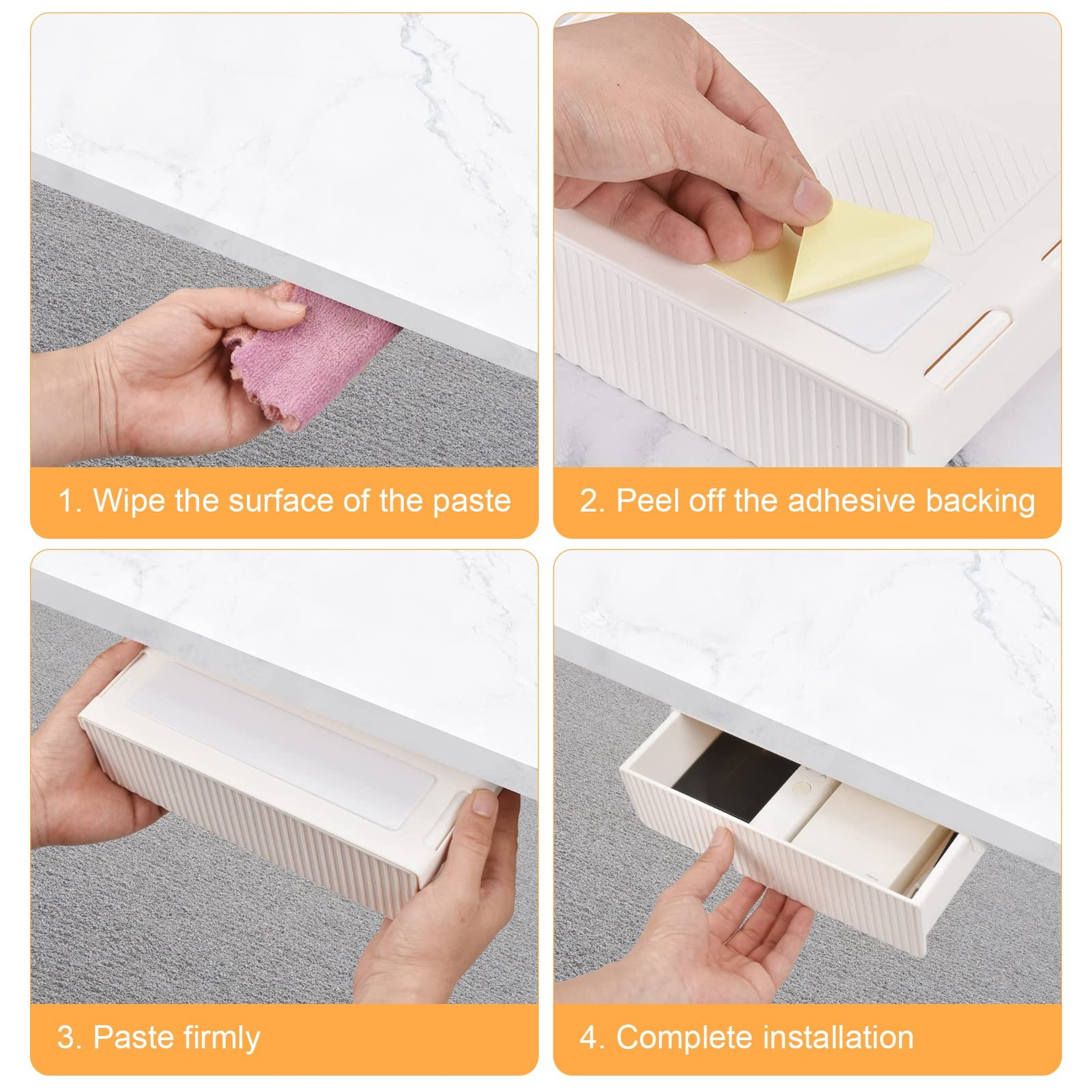 YOOUSOO Under Desk Drawer Organizer, 2 Pack Self Adhesive Slide Out white