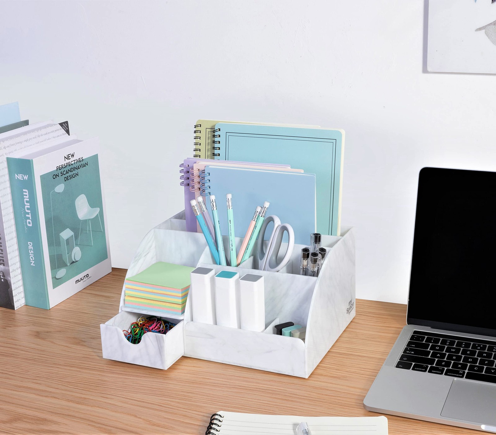 Marble Desk Organizer, 9~Section Pencil Pen Holder for Office Supplies, White