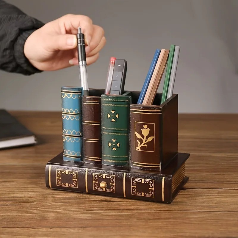 Vintage Wooden Pen Holder Desk Organizer Storage Box Office Home Decor