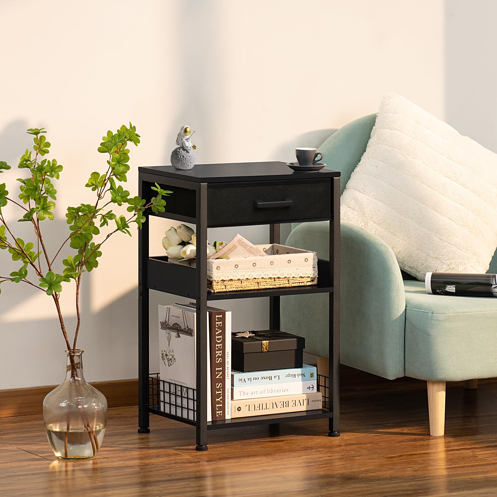 Lerliuo Pure Black Printer Table with Fabric Drawer,3 Tier 1 pack,