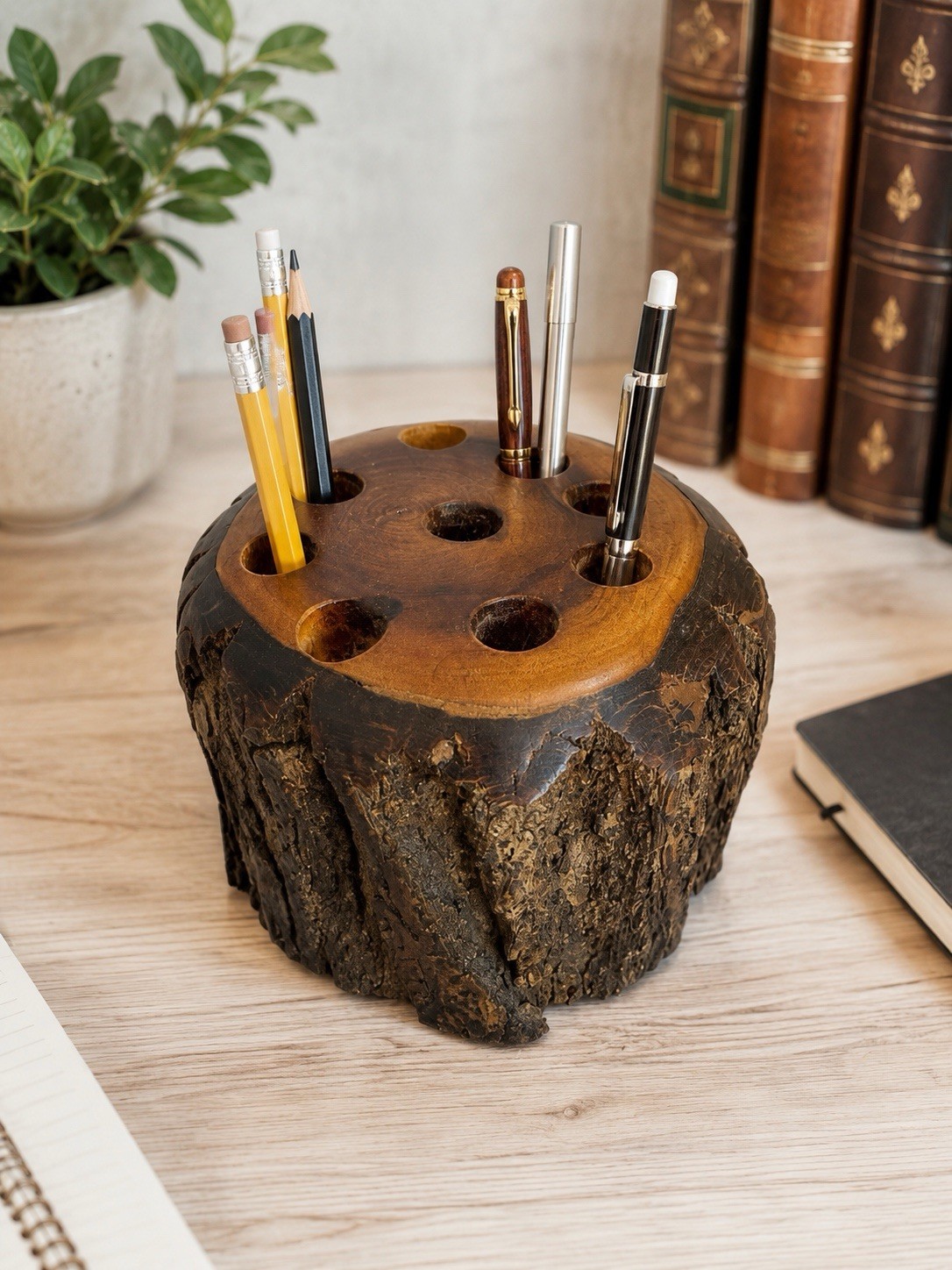 Handmade Bark Edge Walnut Wood Pencil Holder Rustic Desk Organizer Signed 1956