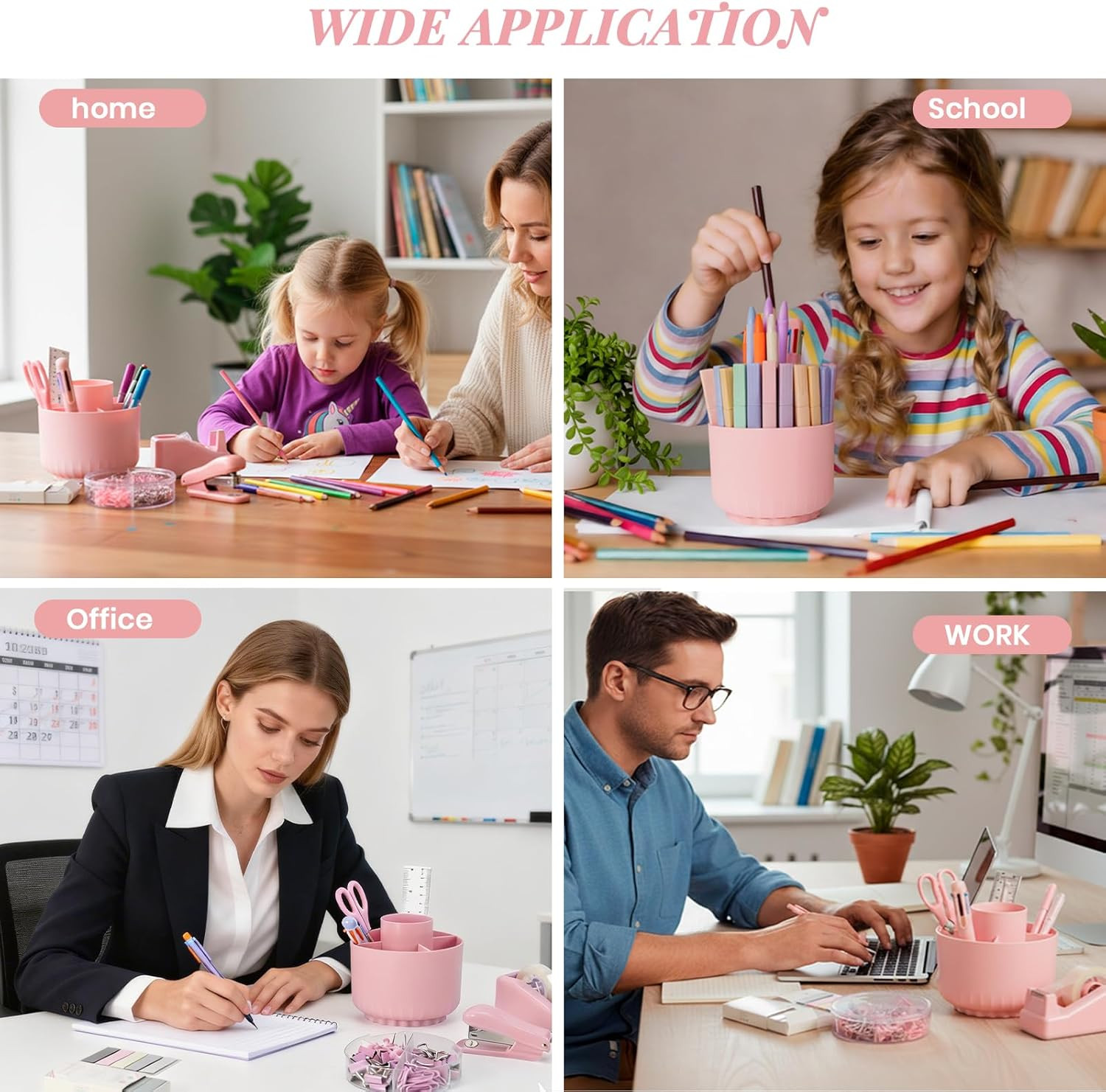 Pink Desk Accessories, 11Pcs Desk Organizer with 360°Rotating Pen Holder, Staple