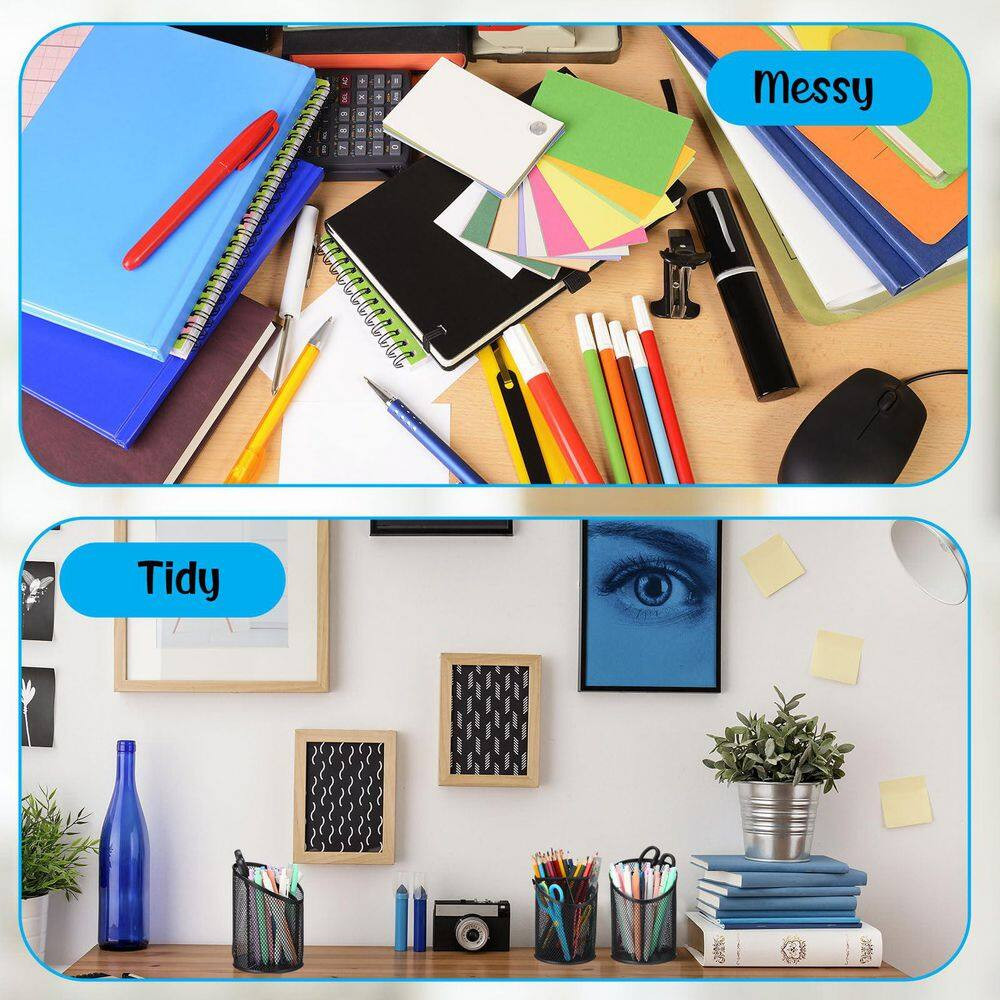 4-Pack Mesh Metal Pen Holder Black 3-Compartment round Organizer Non-Slip Deskto
