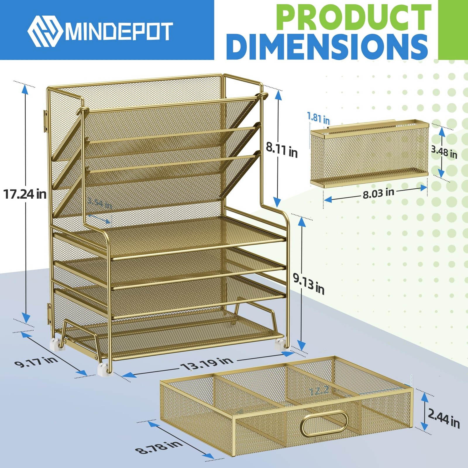 Gold 4Tier Paper Organizer 3Pocket Desktop File Holder Drawer Pen Rack