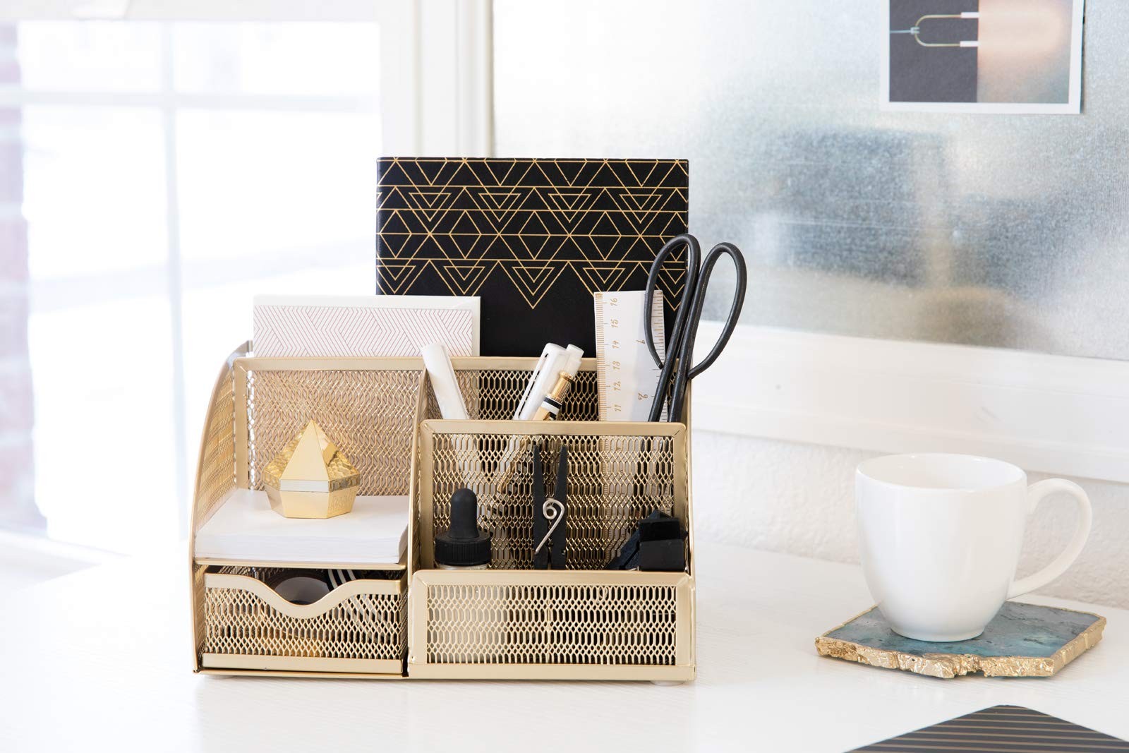 BLU MONACO | Gold Desk Organizer with Drawer | Metal Desktop Caddy with Six C…