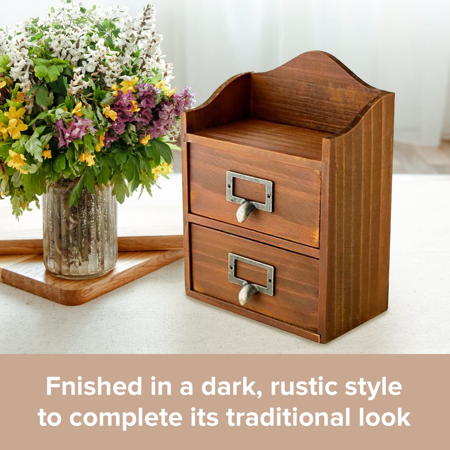 Mini Vintage 2 Drawer Desktop Organizer – Rustic Card Catalog 2 Drawer, Brown