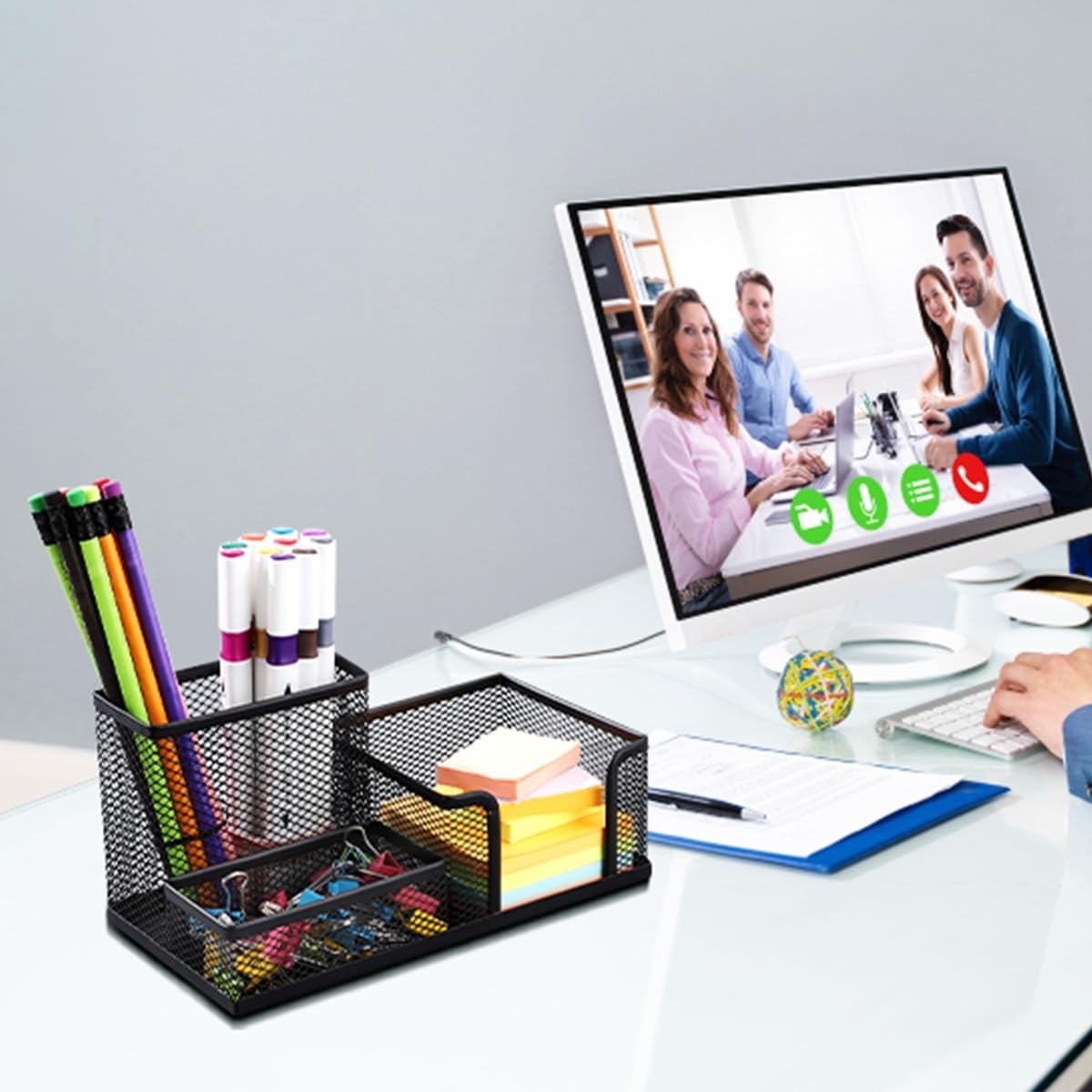 2-Piece Mesh Metal Desk Organizer Set – Pen Cup & Sticky Notes Holder, Black