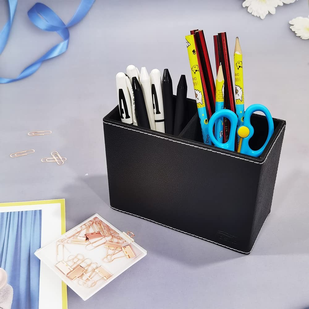 PU Leather Pen Holder for Desk Double Compartments Pencil Holder Square Desk …