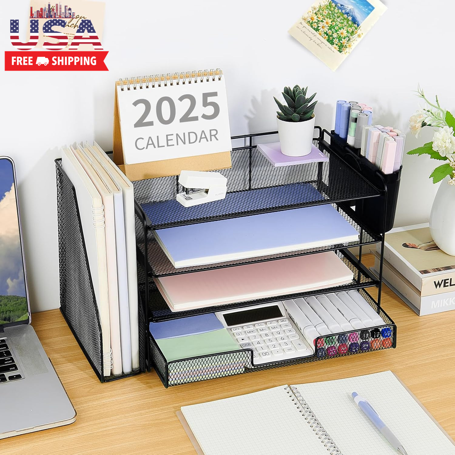 Desk Organizer, 4-Tier Desktop File Organizer with Drawer and 2 Pen Holders, Off