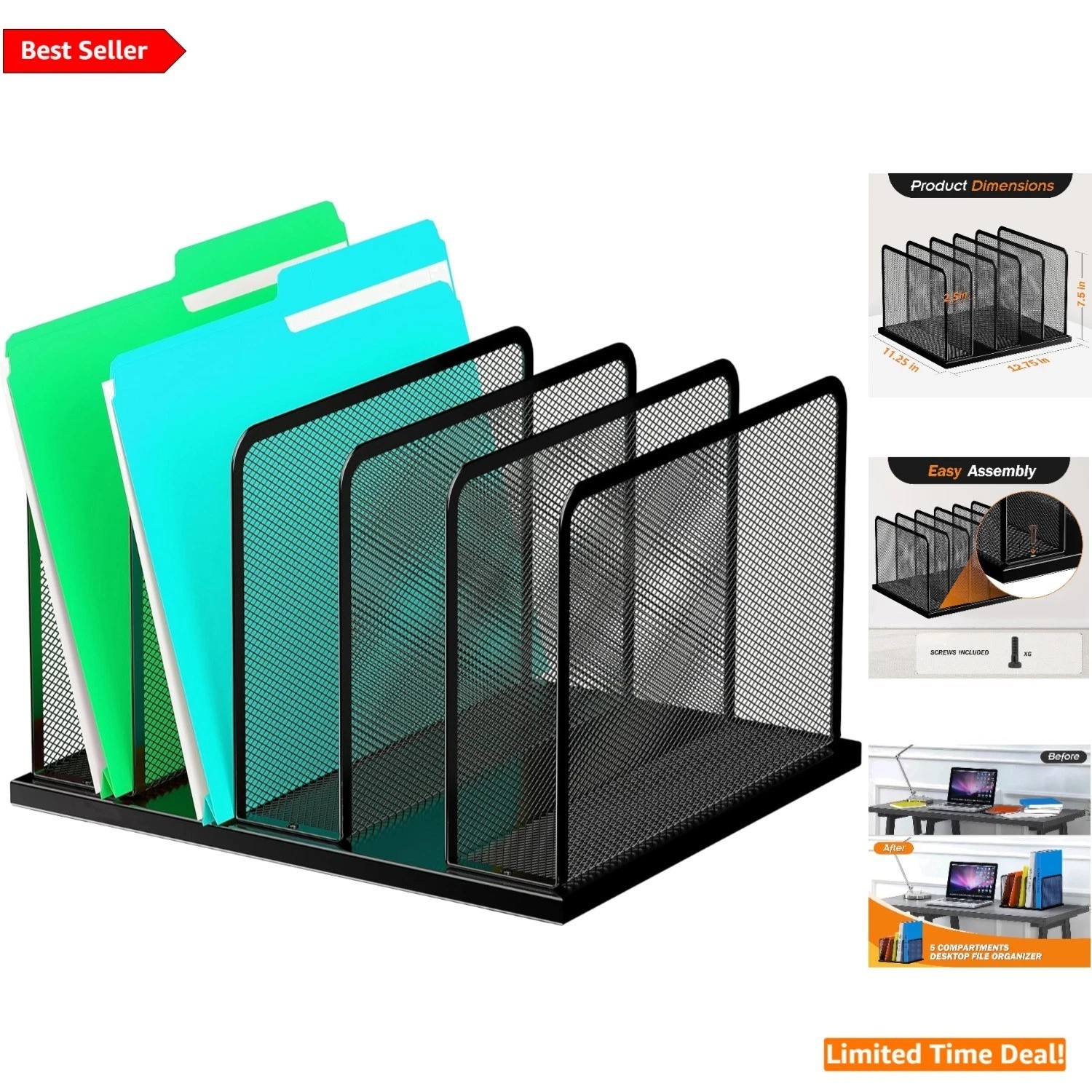 Heavy-Duty 5-Section Desk File Organizer – Stylish Black Mesh for Office & Home