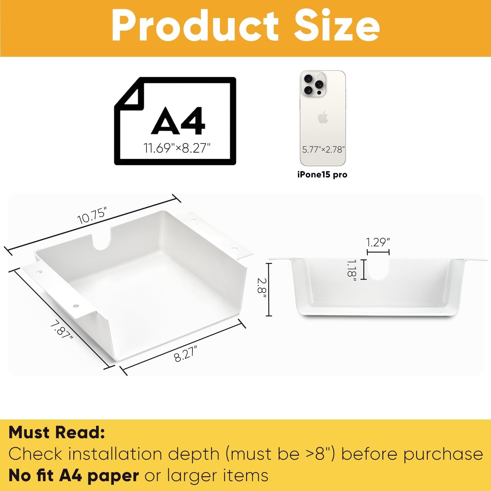 2 PCS Under Desk Hanging Shelf Drawer Organizer Plastic Hidden Storage White