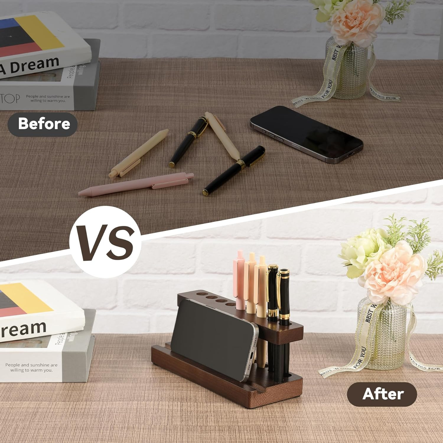 Wooden Desk Pen Holder Organizer 9 Slot Pencil Stand Phone Storage Rack Office