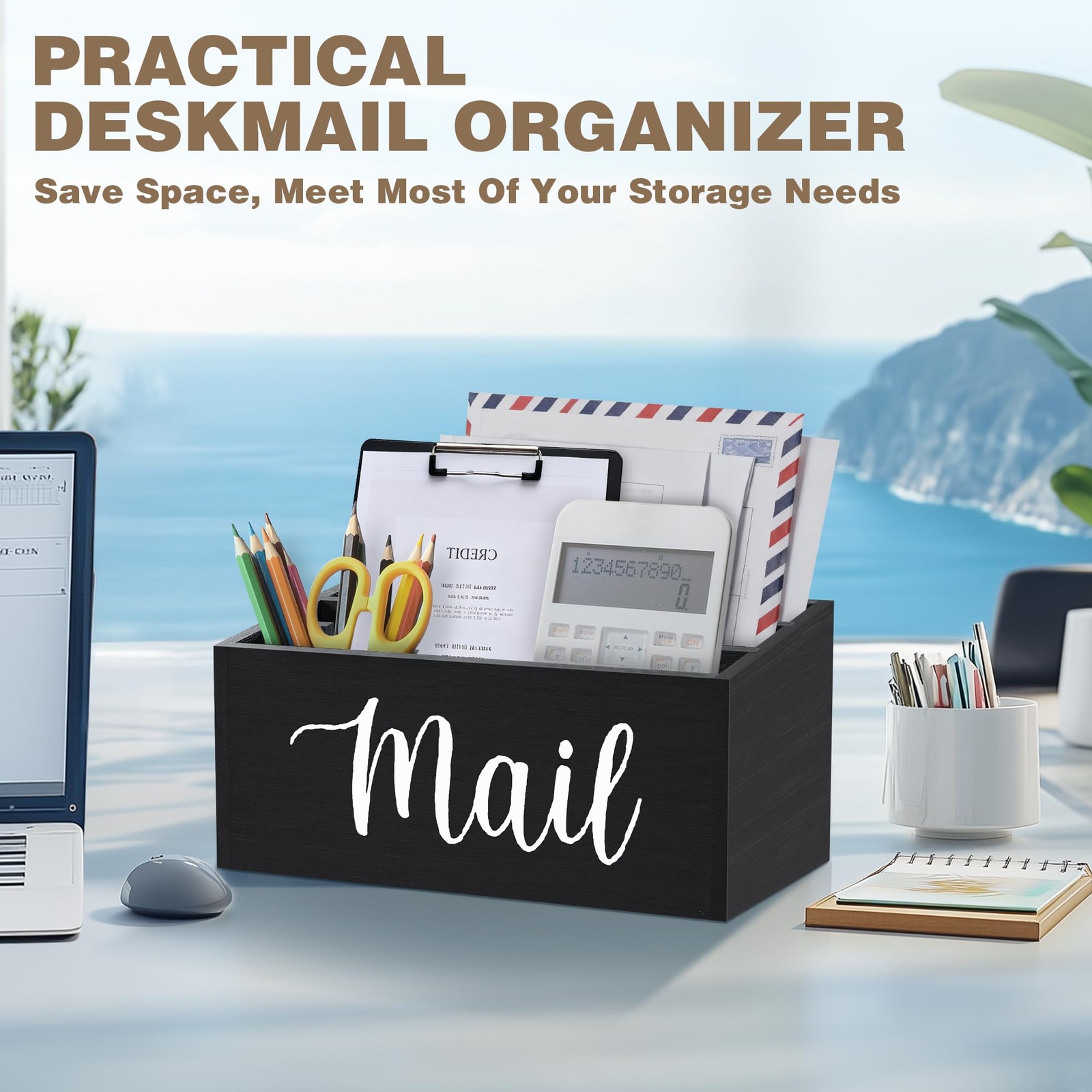 Mail Holder Countertop 3Slot Organizer Removable Divider Desktop Basket Black