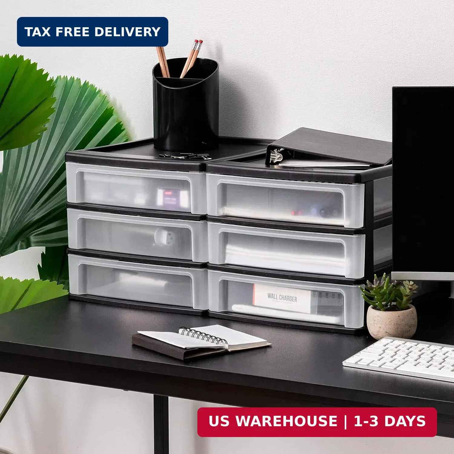 IRIS USA Plastic Stacking Desk Top 3-Drawer Storage Organizer, 2-Pack, for Makeu
