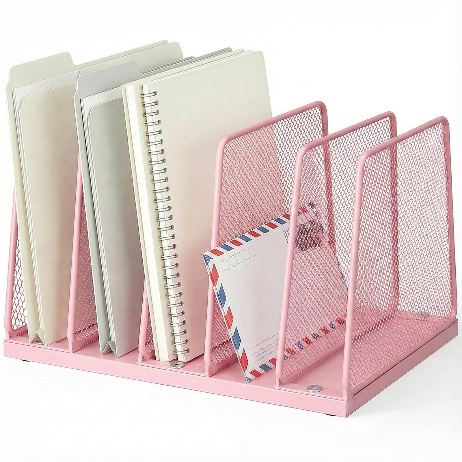 5Section Wooden Desktop File Organizer Vertical Storage Rack Sorter Pink