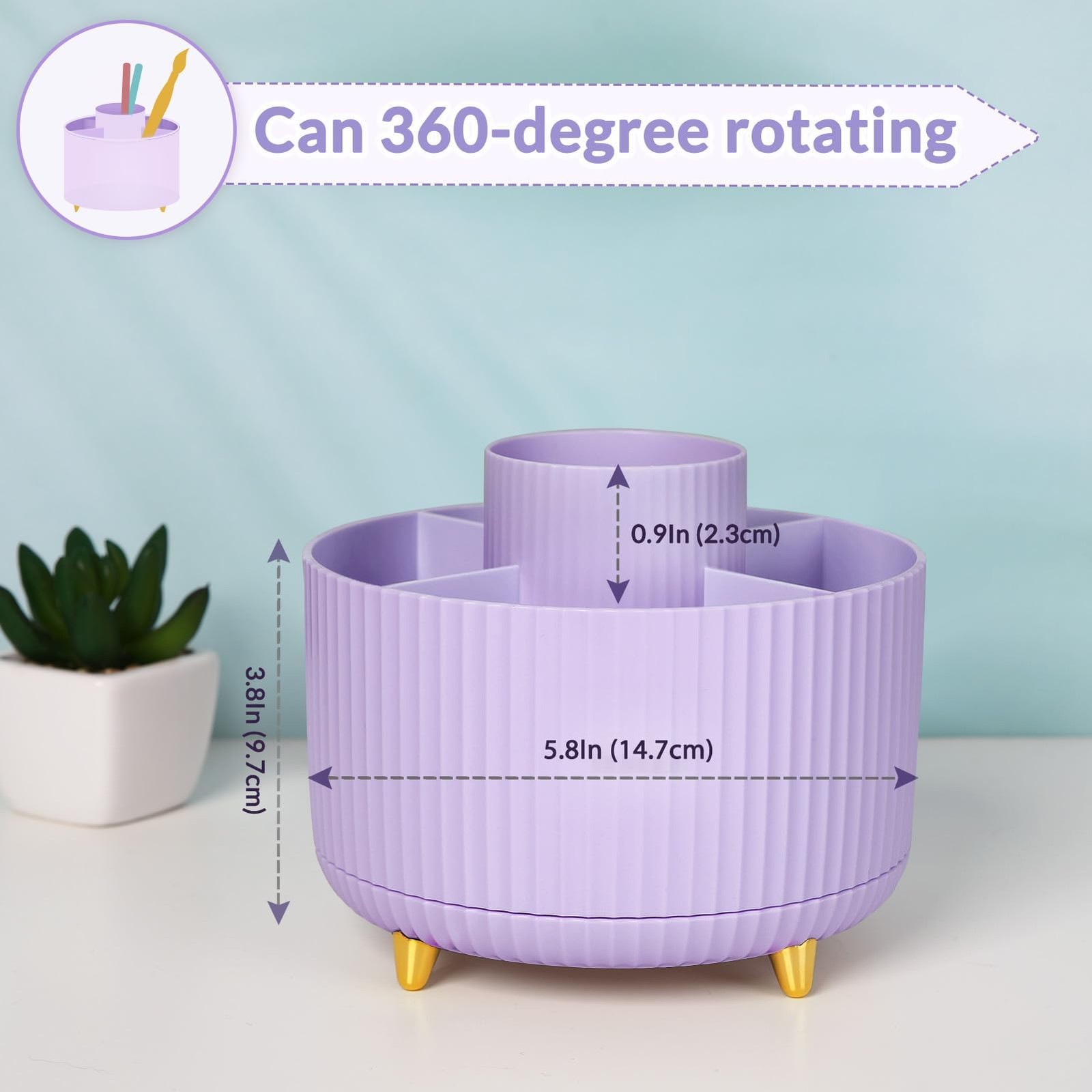 360 Rotating Purple Pen & Art Supply Organizer – 5 Slot Desk Organizer for Of…