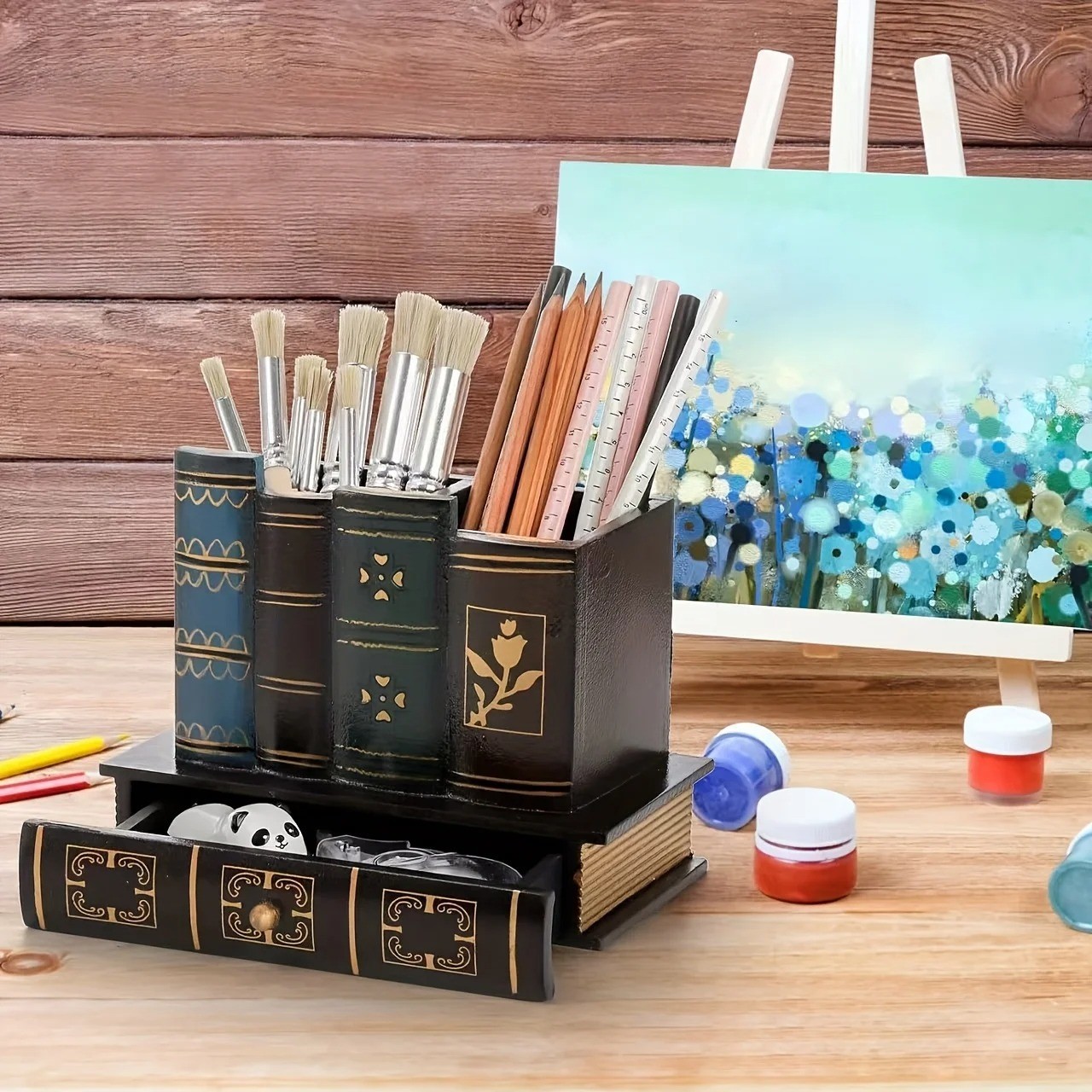 Vintage Wooden Pen Holder Desk Organizer Storage Box Office Home Decor