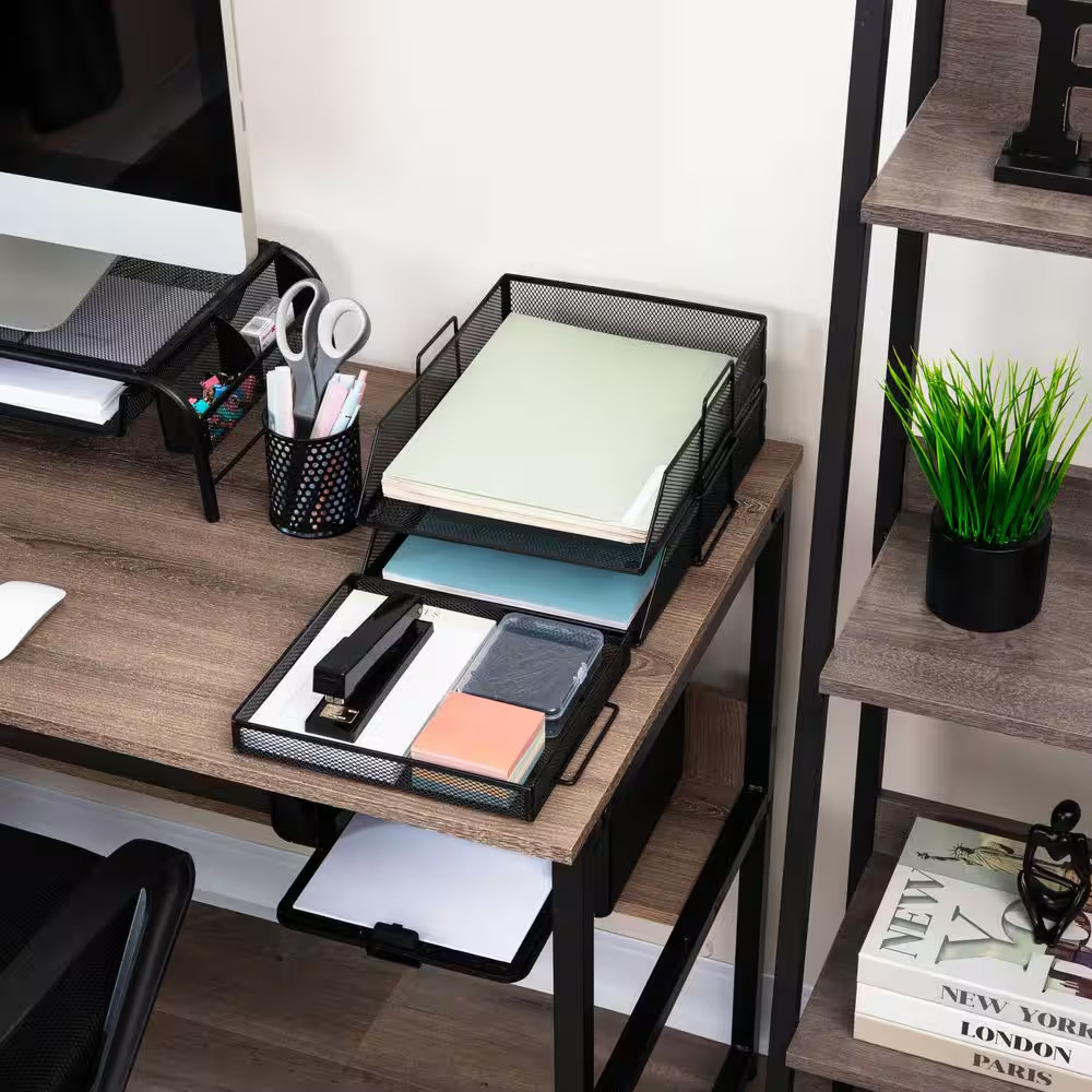 2 Tier Paper Tray with Top Supply Compartment, Desktop File Organizer, Metal Mes