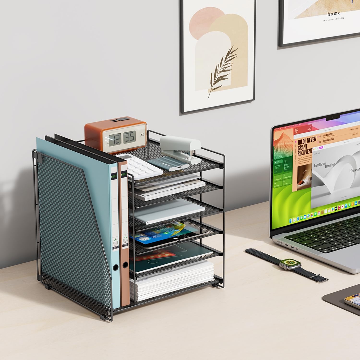 6 Tier Desk Paper Organizer with Magazine Holder File Storage Office Black