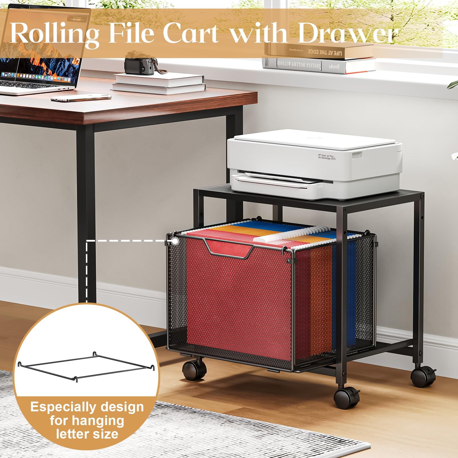 JKsmart Under Desk Storage, Printer Stand with Drawer, Rolling File Black