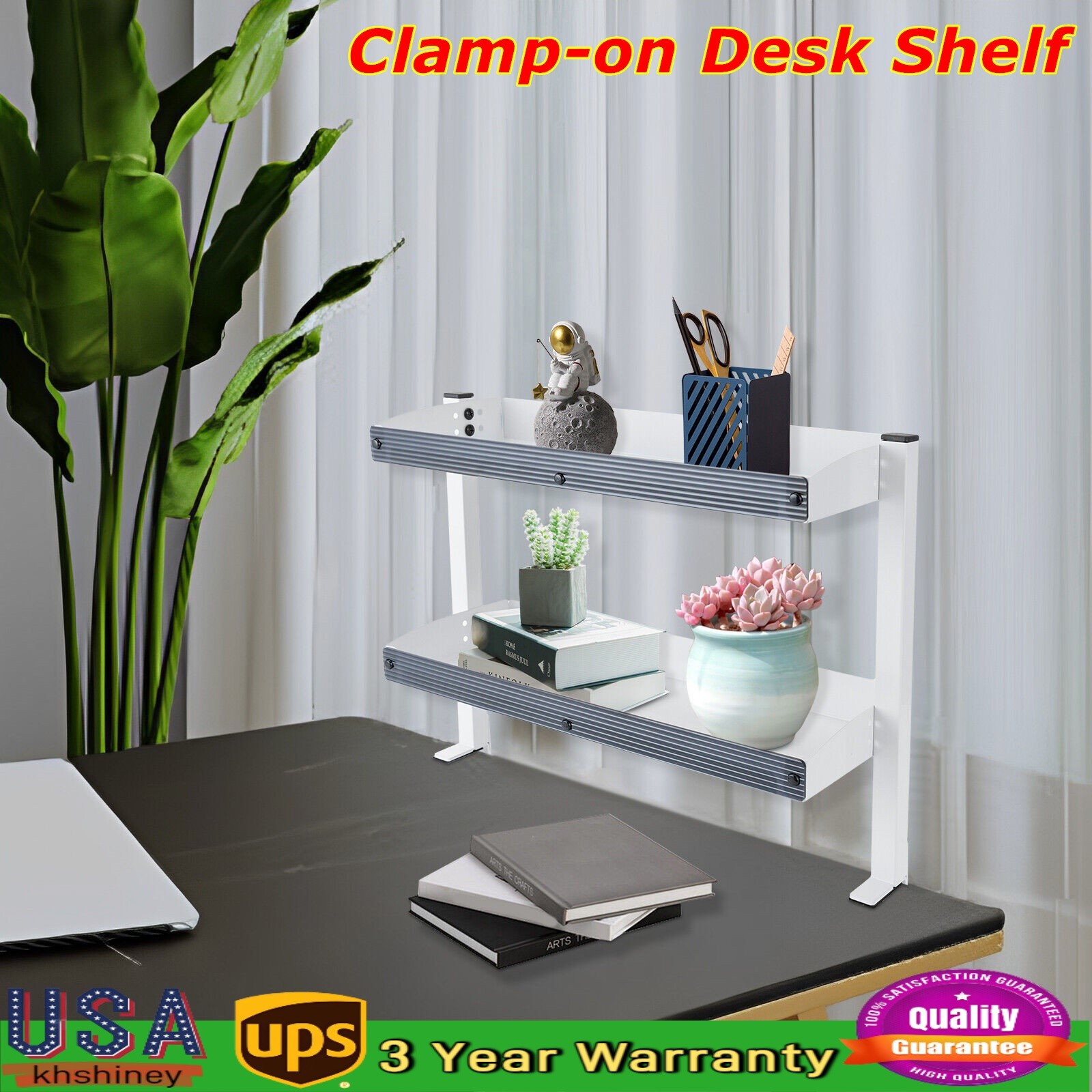 Desk Organizer Shelf, Clamp-on Desk Storage Shelves Desktop or Under-Desk