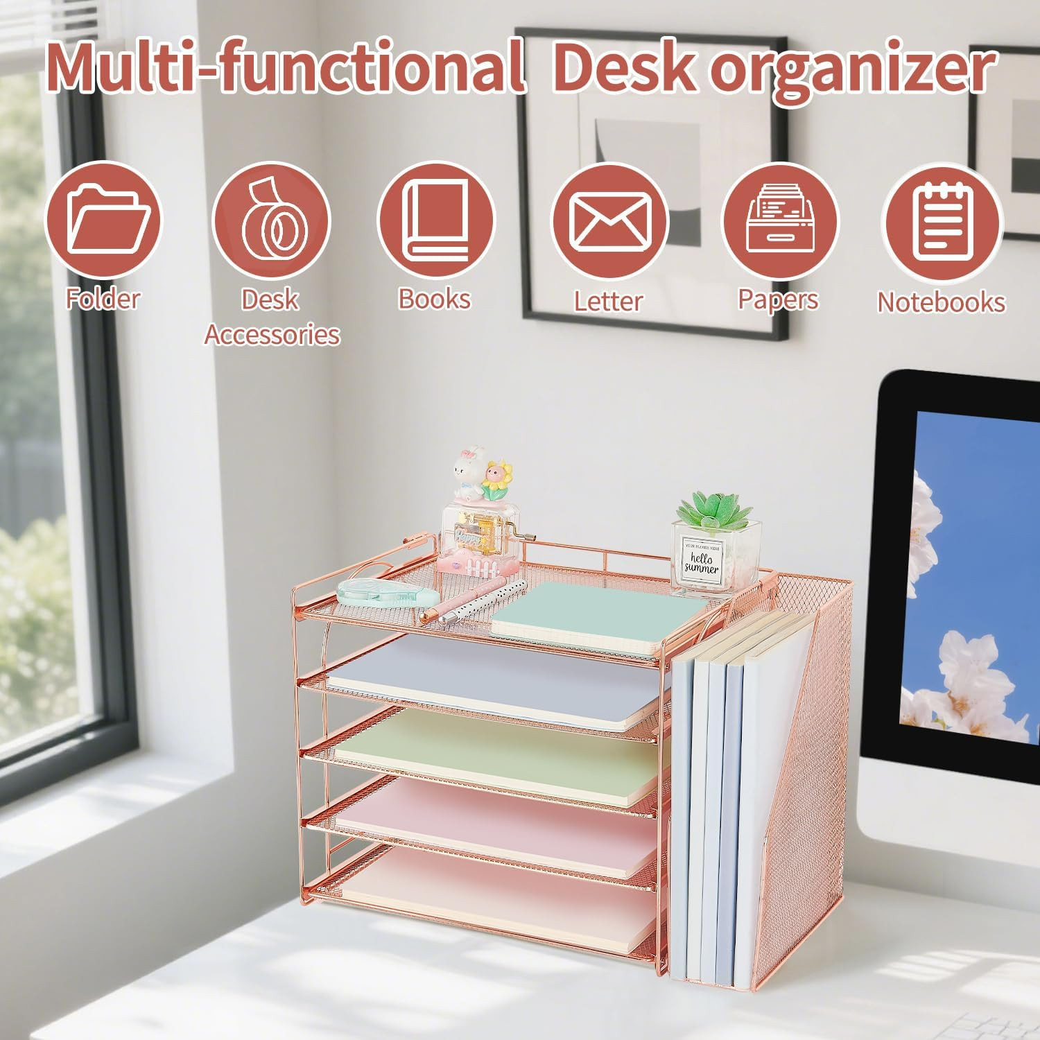 Rose Gold Desk Accessories Organizer,5-Tier Desktop Paper File Organizer with Ad