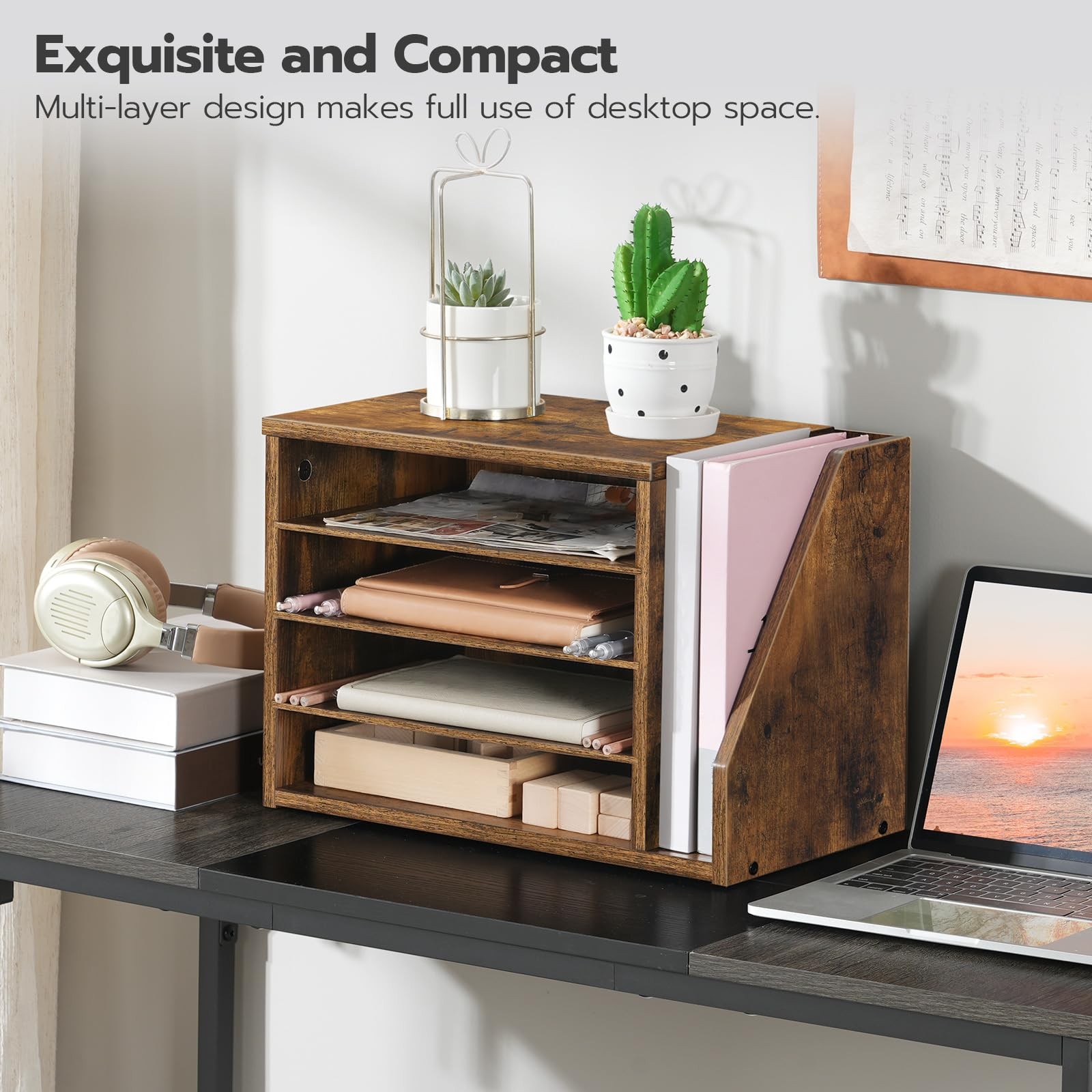 Rustic Brown Wood Mail Sorter Literature Organizer Adjustable Shelves FG41WF01