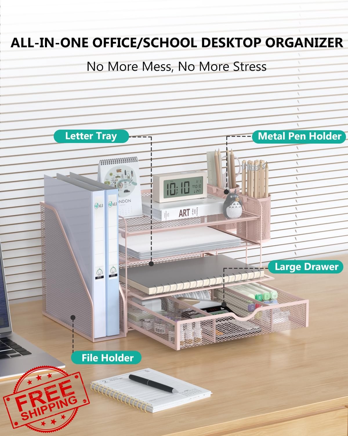 WALI Desk Organizer 4 Tier Pink 1 Pack
